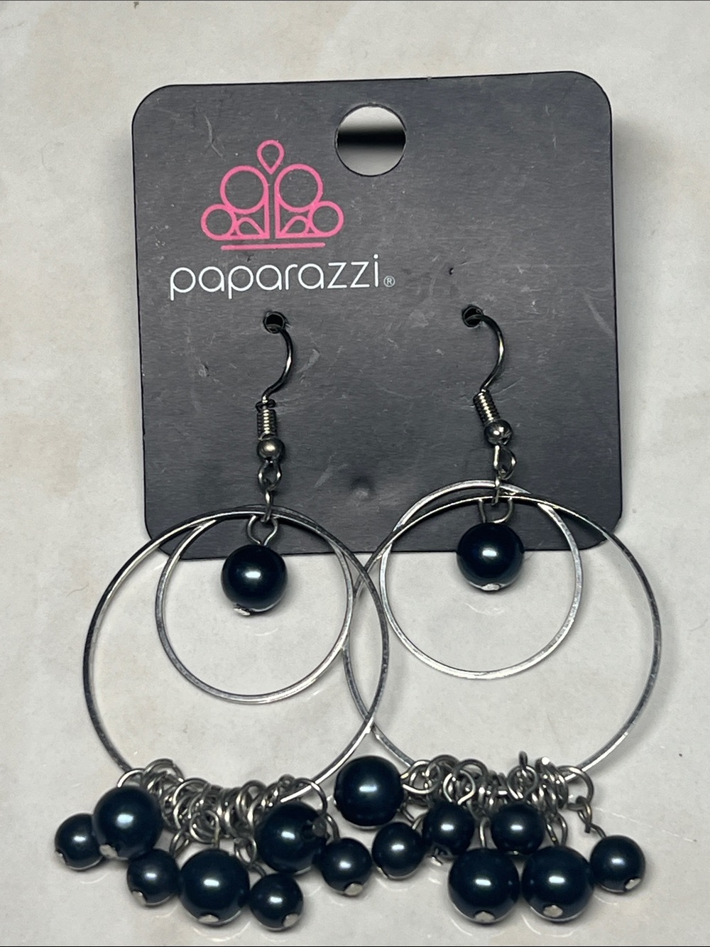 Paparazzi Dark Silver Double Hoop Earrings with Blue Pearl Fringe
